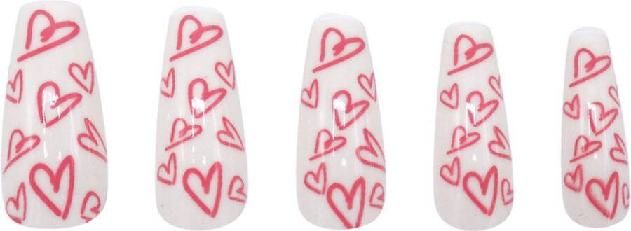 Boozyshop Nepnagels Sweethearts Plaknagels Hartjes 24 Stuks Kunstnagels Press On Nails Manicure Wit & Rood Nail Art Plaknagels met Lijm French Nails
