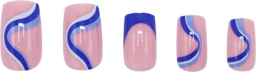 Boozyshop Nepnagels Waves Blue Plaknagels Blauw 24 Stuks Kunstnagels Press On Nails Manicure Nail Art Plaknagels met Lijm French Nails
