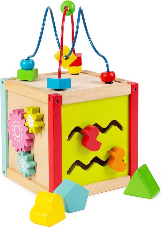 Boppi Houten activiteiten kubus – spelend leren kralenspiraal vormenstoof klok – tandwielen vormenschuif (5-in-1)