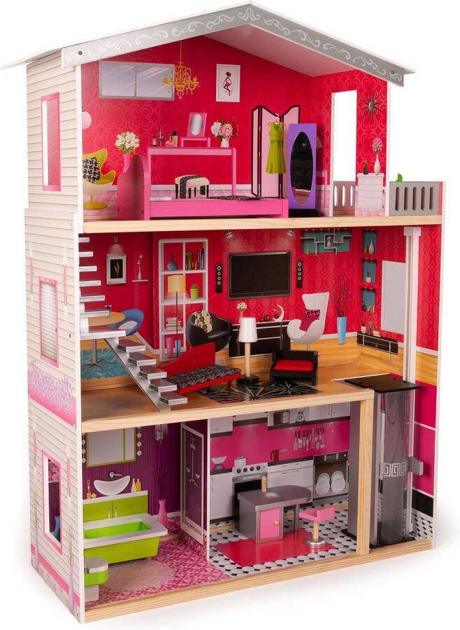 Boppi Houten poppenhuis 3 verdiepingen 10 speelmeubelaccessoires lift met 2 verdiepingen (115cm)