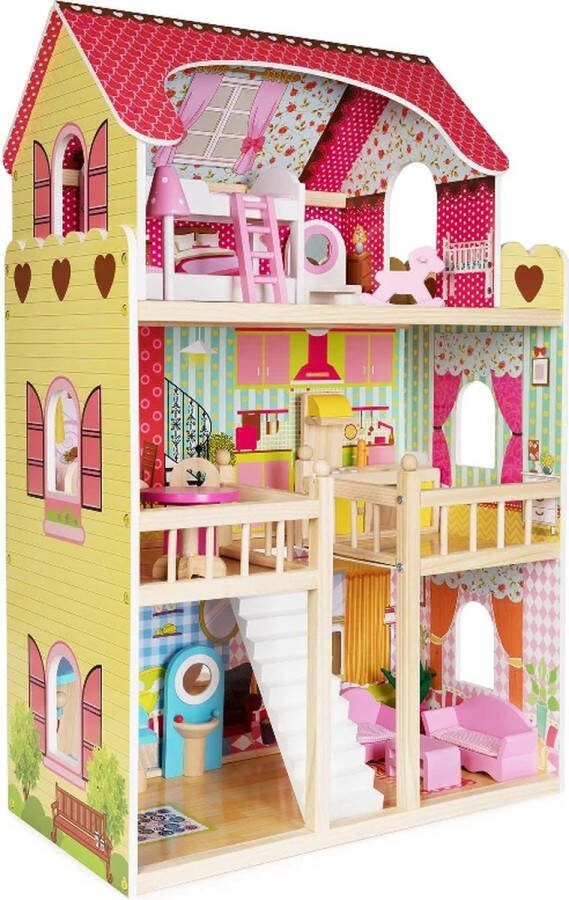 Boppi Houten poppenhuis 3 verdiepingen 17 speelmeubel accessoires grote trap (90cm)