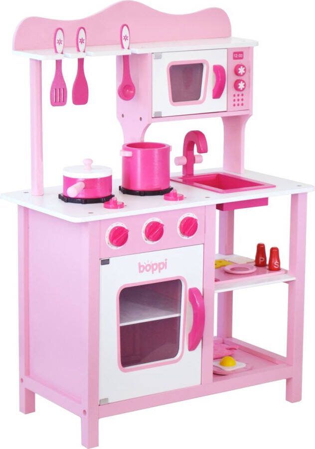 Boppi houten speelgoedkeuken 20 onderdelen 85cm hoog (roze)
