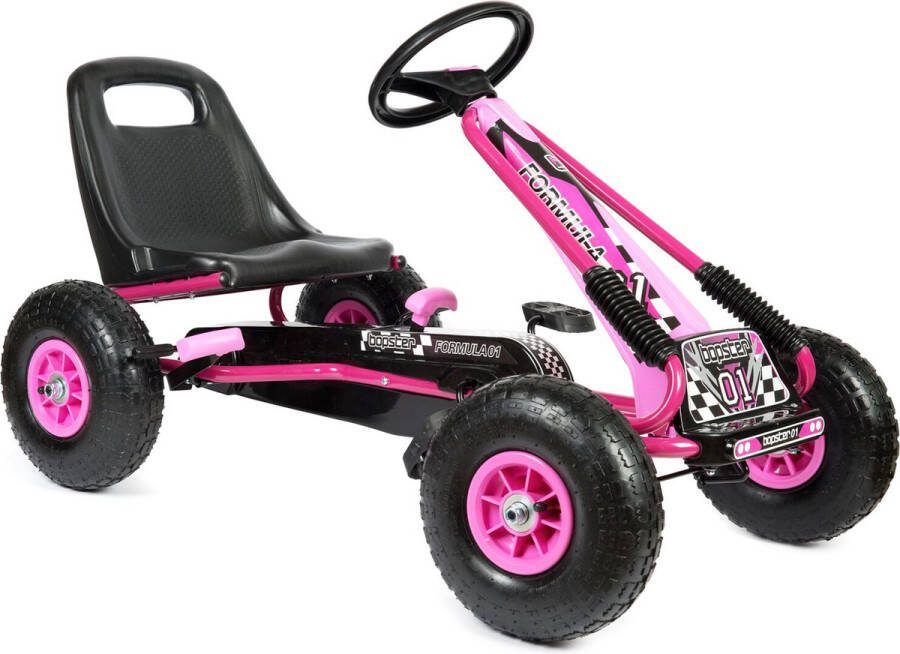 Bopster Formula 01 skelter met roze design met pedalen opblaasbare banden met dubbele handrem 5 t m 10 jaar