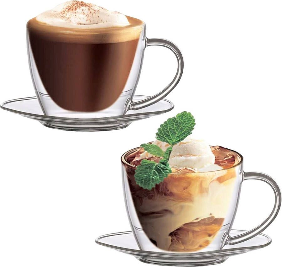 Merkloos Boral Mondgeblazen cappuccino latte macchiato Dubbelwandige kop en schotel met oor 250 ml 2 stuks