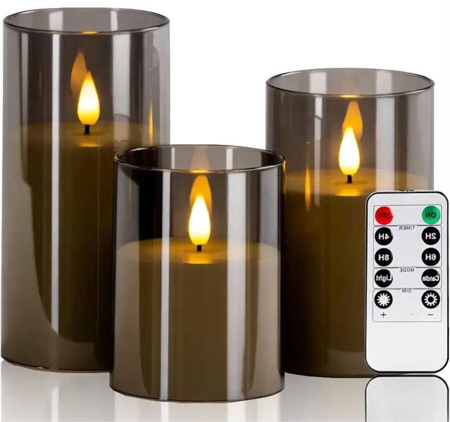 Borg's Choice Kaarsen Set LED Grijs • Met Afstandsbediening • Woondecoratie • LED Kaarsen • Elektrische Kaarsen • Realistiche Vlam • Sfeerkaars •