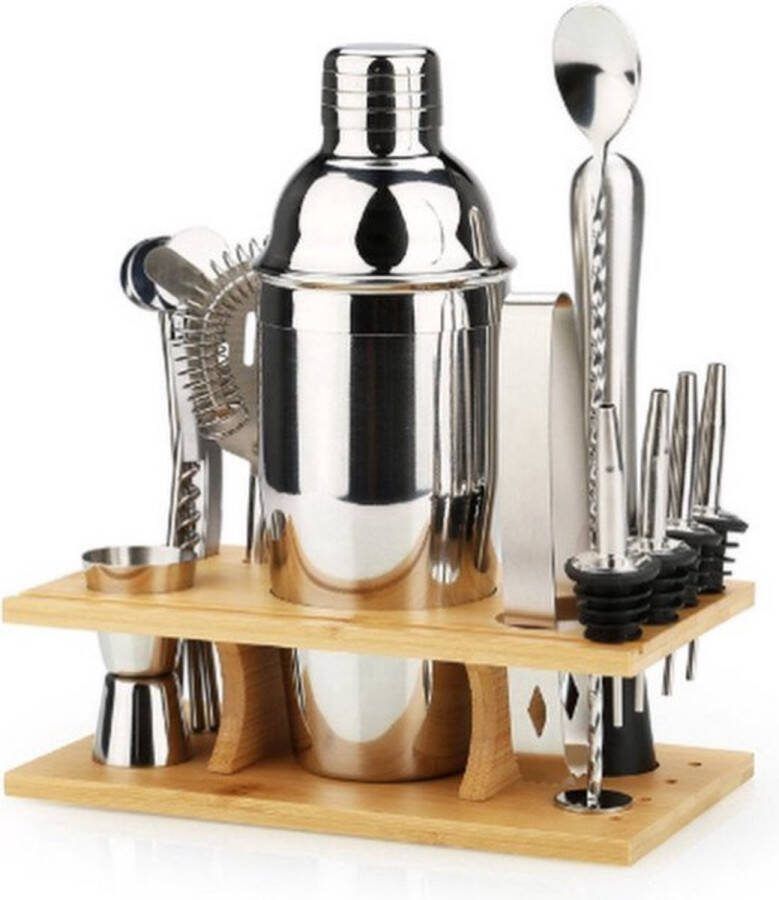 Boriso Luxe Cocktail Shaker Set 16 Delig Zilver Stijl 3 Incl. Rechthoekig Bamboe Standaard