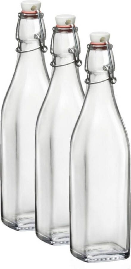 Bormioli Rocco 3x Beugelflessen weckflessen transparant 500 ml vierkant Weckflessen Beugelflessen Limonadeflessen Waterflessen Karaffen