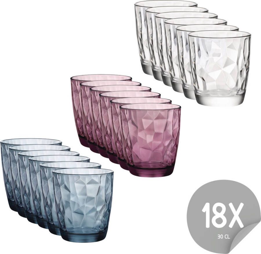 Bormioli Rocco Diamond Waterglazenset 30 cl 18 stuks Blauw Transparant Paars Drinkglazen Voordeelpakket
