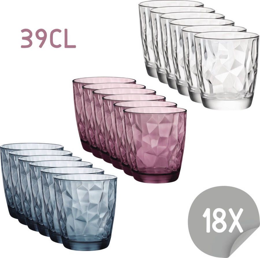 Bormioli Rocco Diamond Waterglazenset 39 cl 18 stuks Blauw Transparant Paars Drinkglazen Voordeelpakket