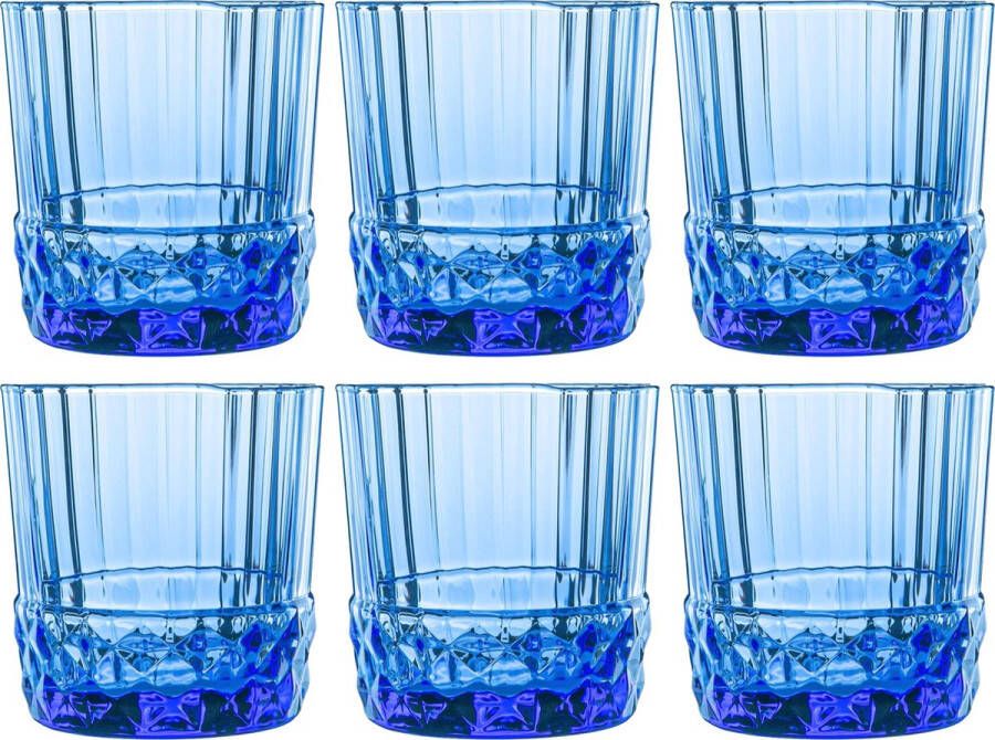 Bormioli Rocco GLAMOMAX'S Choice Blauwe Retro Waterglazen '20s Blauw 37 cl 6 stuks Drinkglazen Tumbler Vaatwasserbestendig Vintage look
