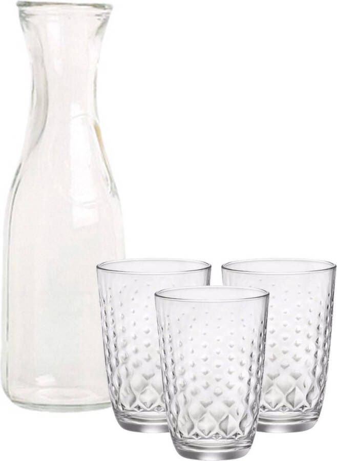 Bormioli Rocco Glazen open karaf van 1 liter met 6x stuks drinkglazen waterglazen limonadeglazen van 390 ml