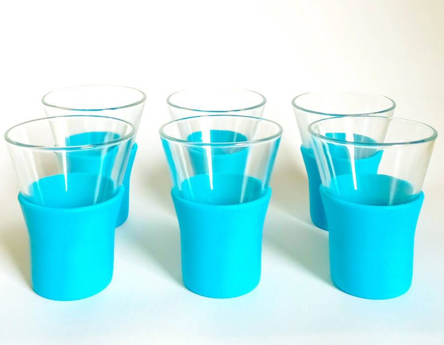 Bormioli Rocco koffie- en theeglazen met blauwe siliconen grip 100 ml Set van 6
