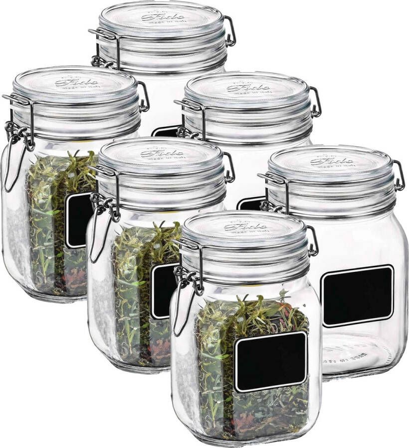 Bormioli Rocco Voorraad weckpot 6x glas transparant krijtplaatje 16 x 10 6 cm 1 L