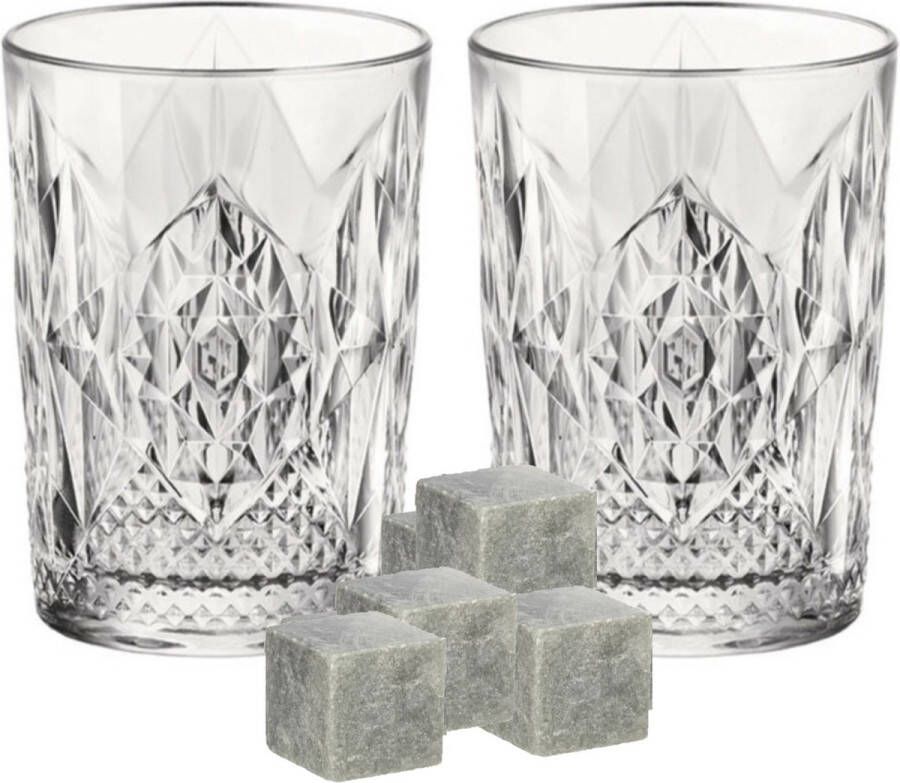 Bormioli Rocco Luxe whiskyglazen set 6x stuks 390 ml met 9x whisky ijsblokstenen Whiskeyglazen