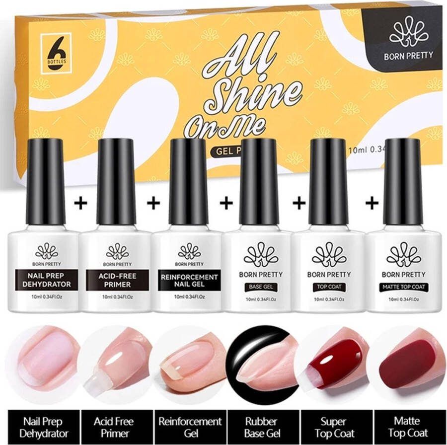 Born Pretty 6 x 10 ml Gellak starterspakket Gellak set Gelpolish Gellak base en topcoat Primer nagels Primer gelnagellak Primer gellak Basecoat Topcoat Gellak nagellak Matte nagellak Matte Topcoat gellak Base coat