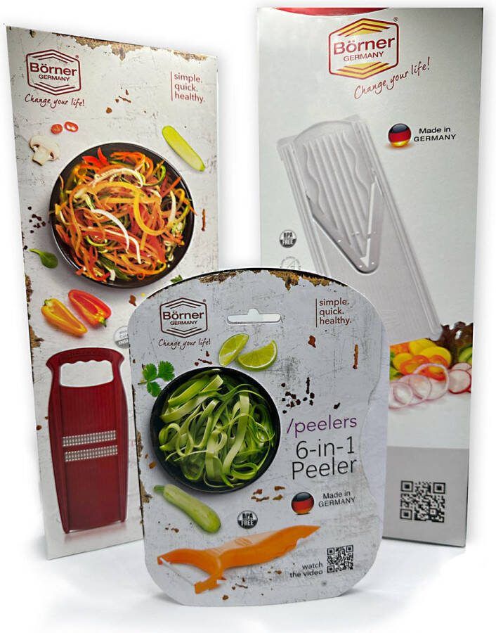 Börner Mandoline V3 Super promo Inclusief Roko rasp & 6-in-1 dunschiller – Wit – In verpakking