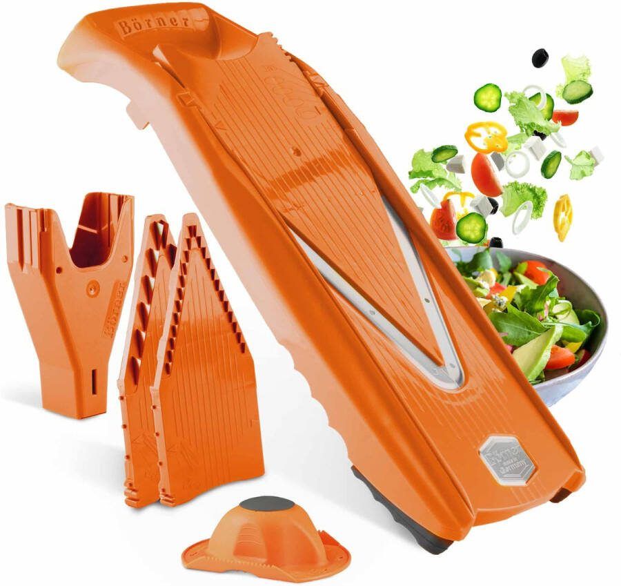 Börner Mandoline V5 PowerLine Inclusief Opbergbox Geleverd in mooie doos 6-delige set 7 snijdiktes Geschikt als Frietsnijder BPA-vrij en Roestvrij Oranje