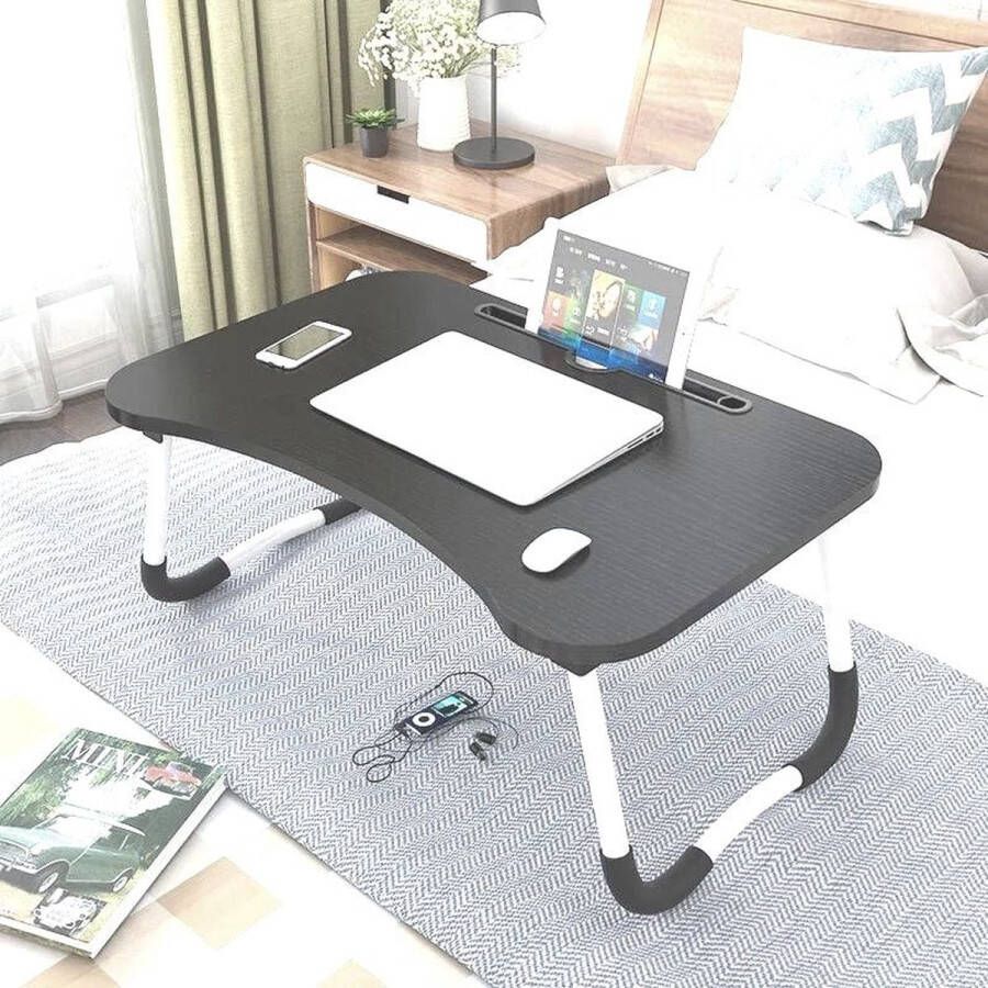 Merklose- Bedtafel voor laptop iPad tablet boek huiswerk of ontbijt op bed Opvouwbare laptop tafel met bekerhouder 60x40x28 Hout Tafel Zwart