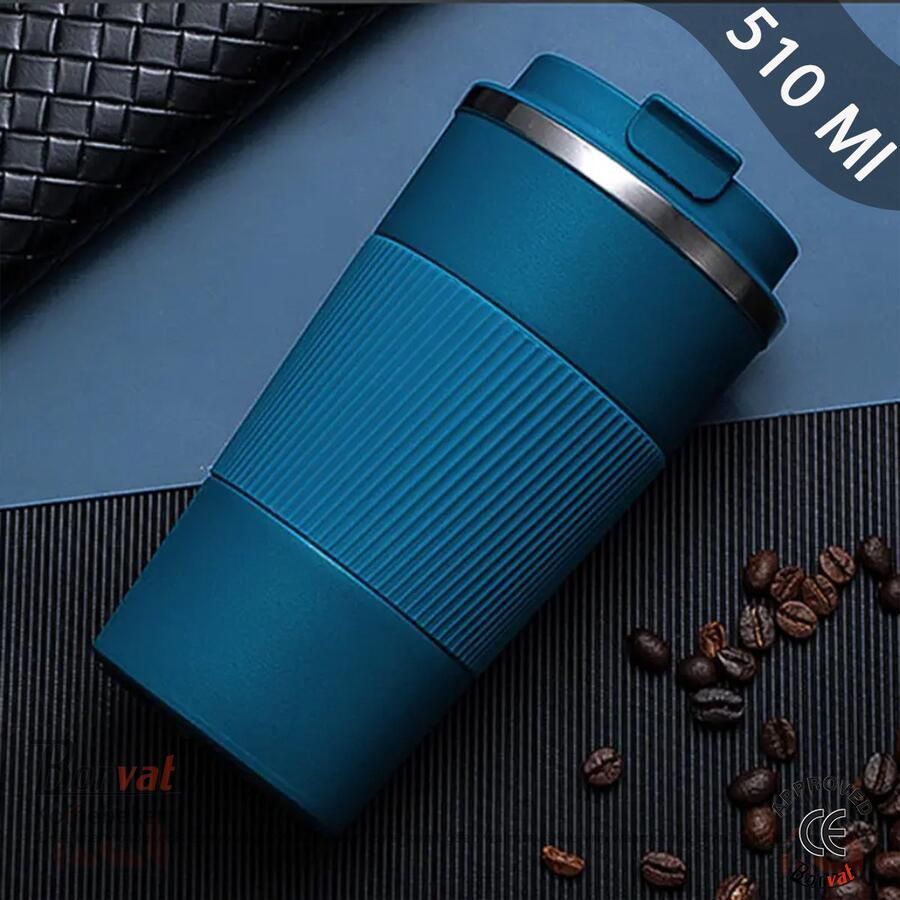 Borvat Koffiebeker Roestvrij Staal Warme En Koude Koffiekop Herbruikbaar en Dubbelwandig 510ml Blauw