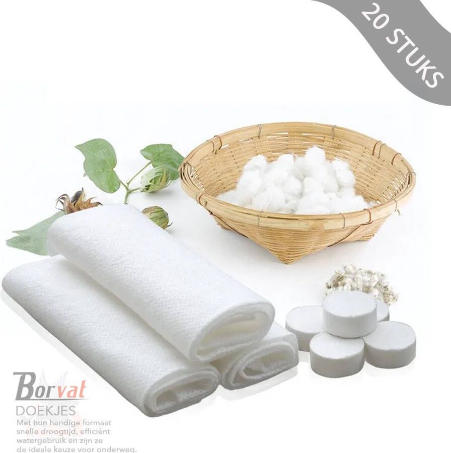 Borvat Compressed Towels Travel Towel Handdoek Gecomprimeerde doekjes In Tablet vorm Hygienische Vochtige Doekjes Wit 20 Stuks