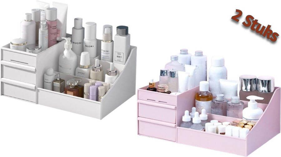 Borvat IBBO 2x Make-Up Organizer Cosmetica Opbergdoos Nagellak Creme Sieraden Pennenbakje Bureau Organizers Make up 2 Stuks 1 Wit 1 Roze
