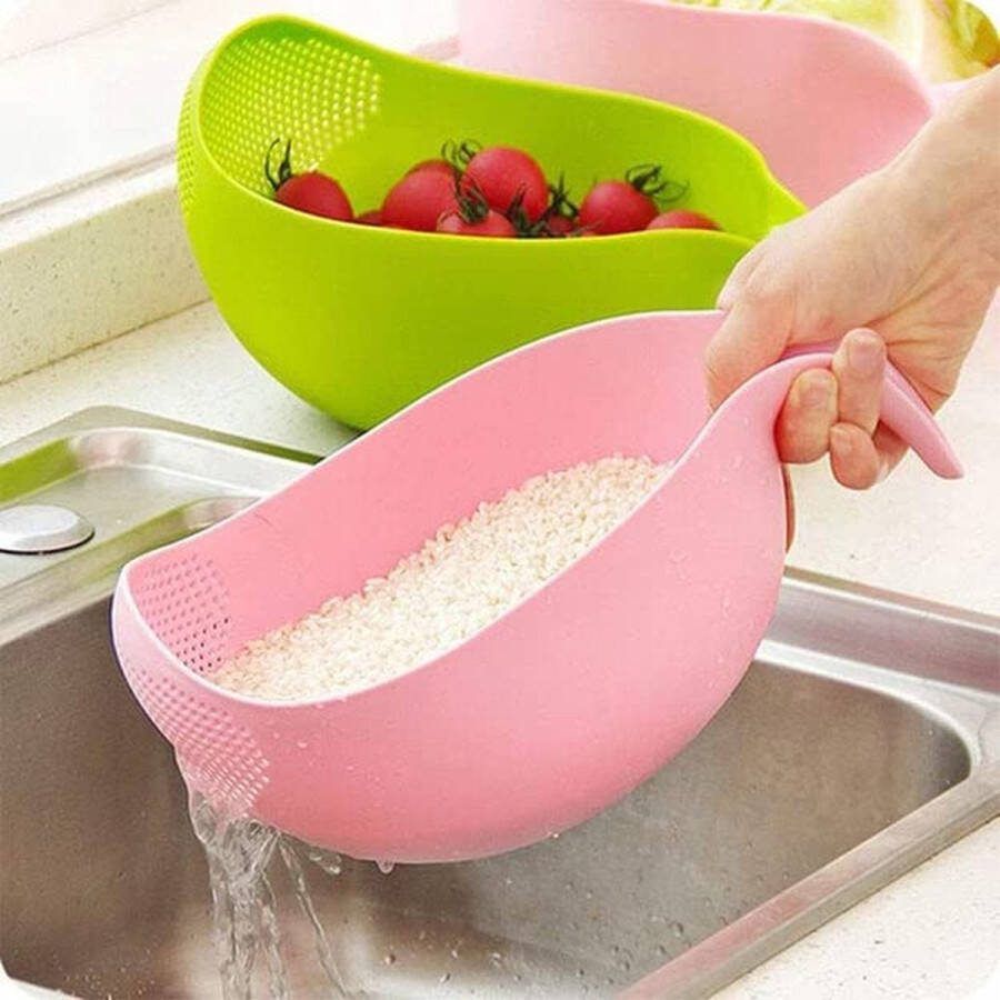 Borvat IBBO Multifunctionele waterzeef Rijstzeef Vergieter- Groentezeef Fruitschaal Wassen Zeef met Handvat Rijst Zeeft Waskom Rijstwasser Afgieter Plastic Vergiet Veilig Afgieten Keukengerei Roze