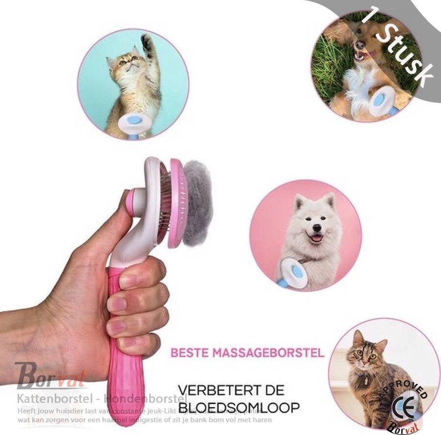 Borvat Kattenborstel Hondenborstel Haarverwijderaar voor Huisdieren Kattenkam- Borstel voor langharig Roze
