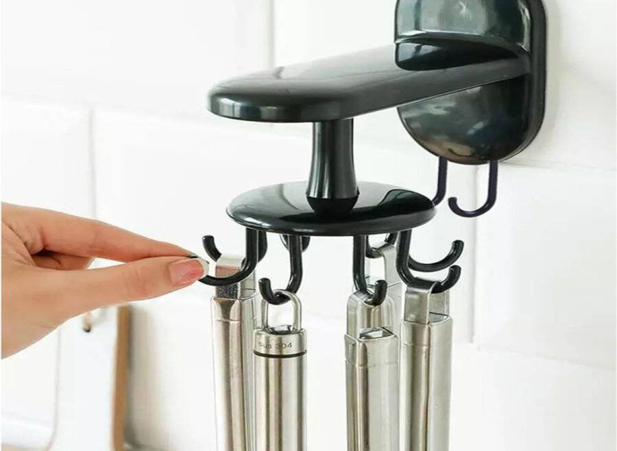 Borvat Keuken organizer 8 haken roterend keukengerei houder lepels zelfklevend Zwart Keukenorganizer