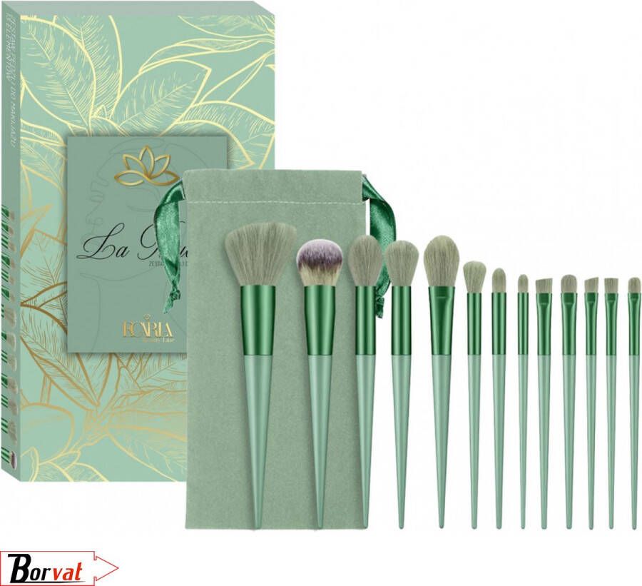 Borvat Make-up Kwasten 13-delig Groen Brush Set Green Met Opberg Etui Cosmetica
