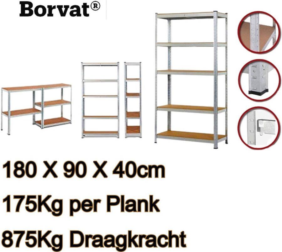 Borvat Stellingkast Opbergrek met 5 planken 180x90x40cm 875Kg Draagkracht 175Kg per Plank grijs