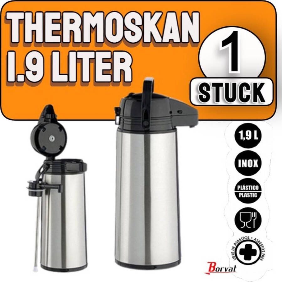 Merklose- Borvat | Thermoskan 1.9 liter- isoleerkan kan 1.9 liter Thermos 1.9 liter Isoleerfles Thermofles Drinkfles Waterfles Stalen RVS Thermoskan met pomp 1 9 Liter RVS Vaatwasserbestendig