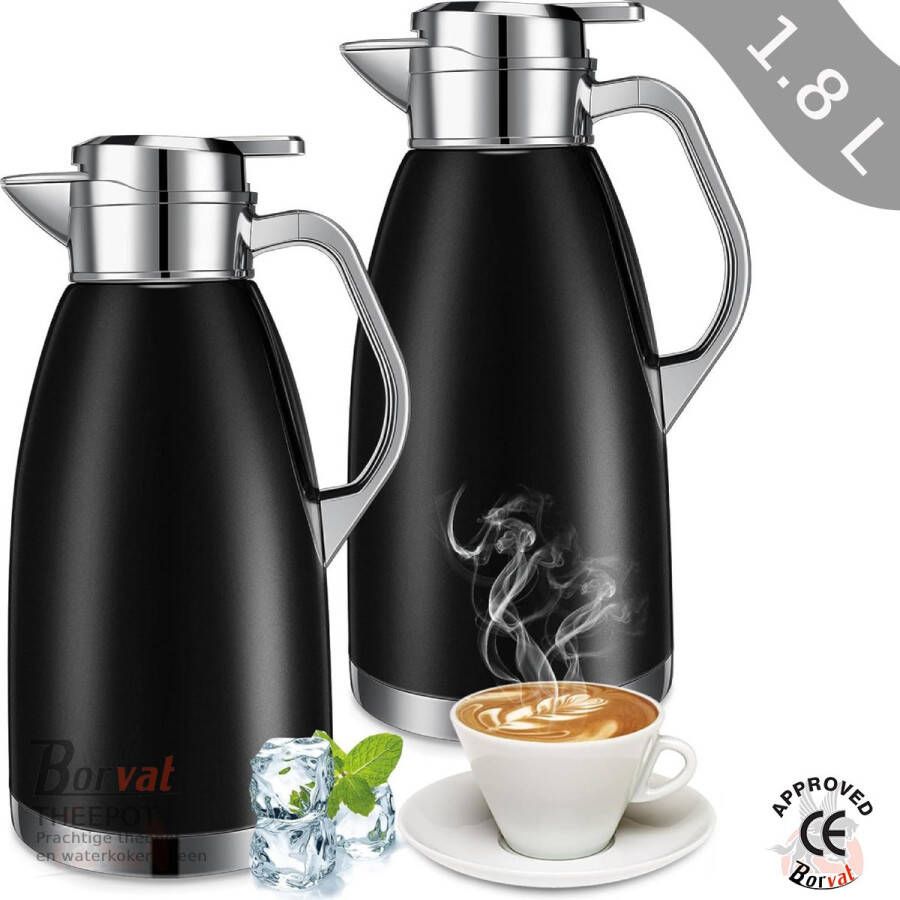 Borvat Thermoskan Roestvrij Staal isolatiekan Koffie Of Thee Houdt Dranken Koud En Warm Zwart 1800 ml