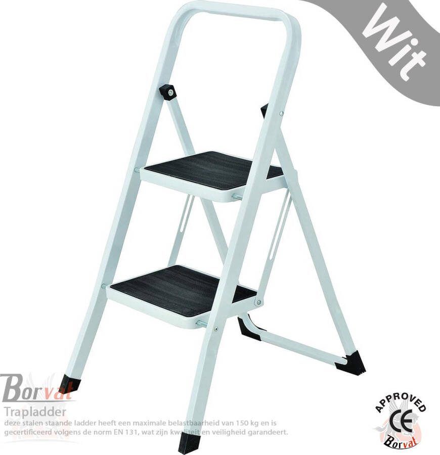 Borvat Trapladder staal en rubber opstap trap opstapkruk stalen klaptrap ladder 2 treden Wit