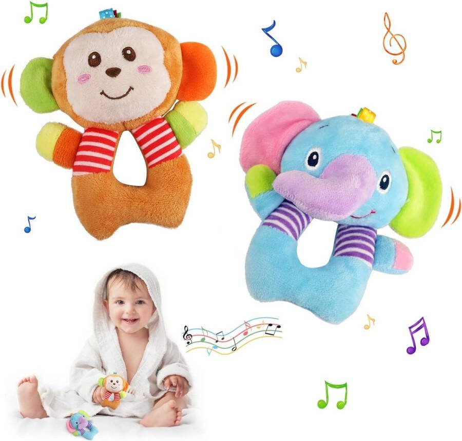 Borzmarket 2 Pack Baby Rammelaar Shaker Speelgoed Pasgeboren Zintuiglijke Kinderwagen Speelgoed Zacht Knuffel Educatief Speelgoed Geschenken voor Baby Meisjes Jongens 3 6 9 12 Maanden