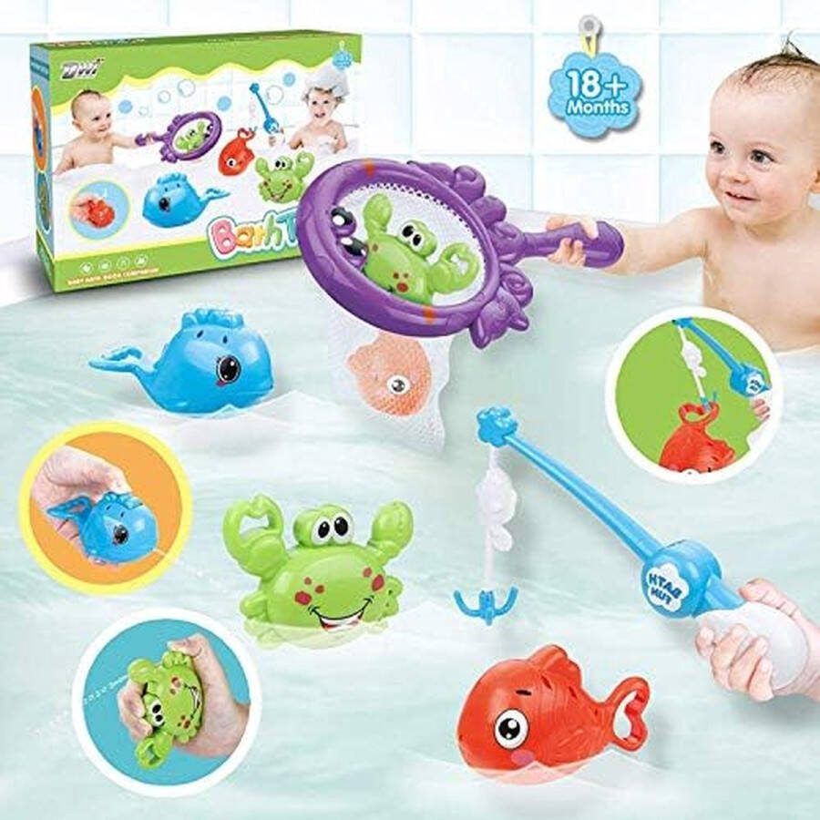 Borzmarket Badspeelgoed Leuk babybadspeelgoed 5 stuks kinderbadspeelgoed met 3 drijvende dieren en 1 hengels en 1 visnet waterbadspeelgoed Badspel voor peuter Infant Kid
