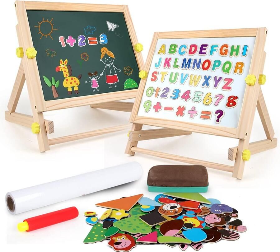 Borzmarket 3-in-1 schildersezel voor kinderen dubbelzijdig magnetisch zwart-wit bord accessoires alfabet puzzel educatief speelgoed voor kinderen 3 4 5 6 jaar
