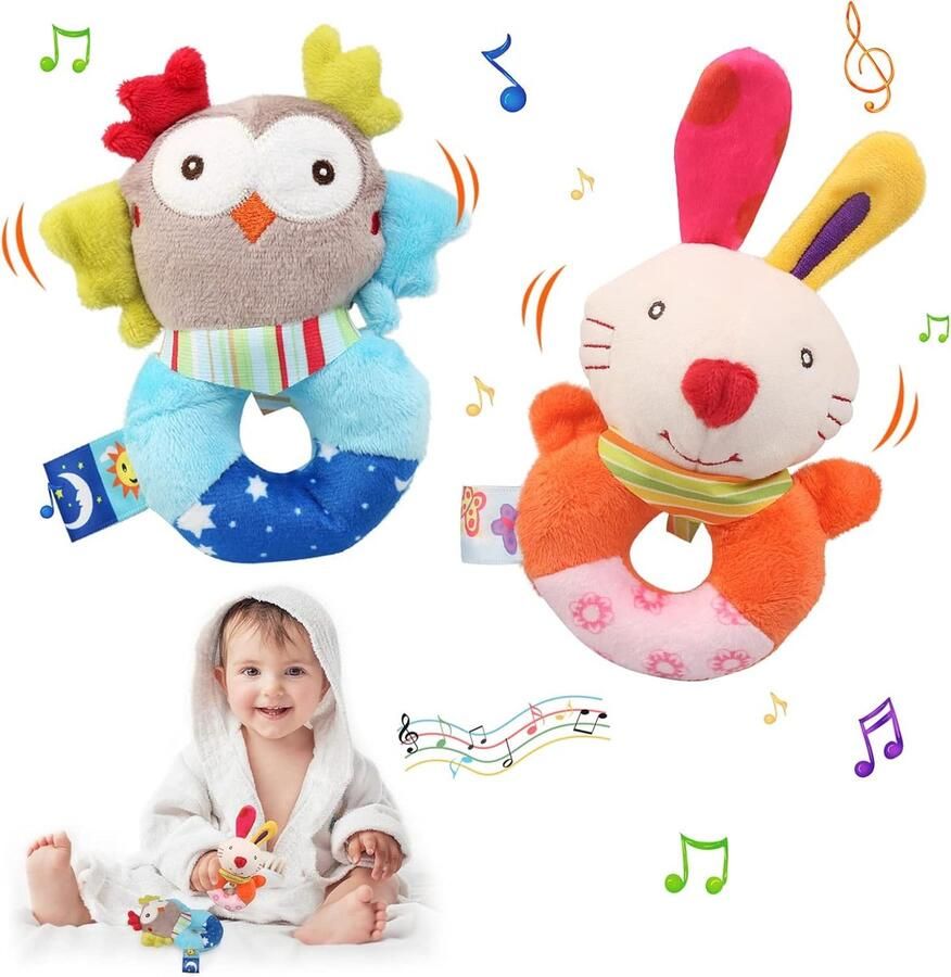 Borzmarket Grijpling om te rammelen babyspeelgoed baby rammelset pasgeborenen speelgoed cartoon dier ring rammelaar zachte stof met bel pluche rammelaar voor baby's en peuters jongens meisjes 0 3 6 9