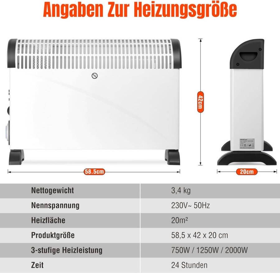 Borzmarket Convectorverwarming elektrisch met 24-uurs timer elektrische verwarming energiebesparend 2000 W met turbo-ventilator 3 standen elektrische verwarmingstoestellen geschikt voor woonkamer