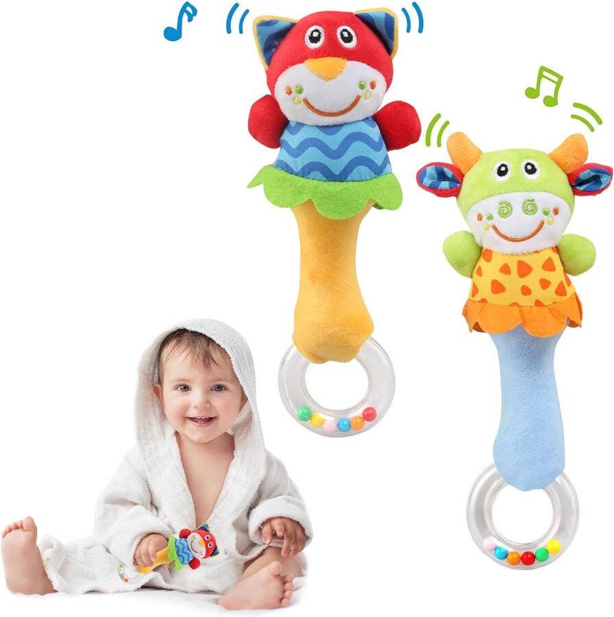 Borzmarket Greifling om te rammelen cartoon dier baby rammelaar peuterspeelgoed zachte flock stof met bel voor baby's peuters jongens en meisjes 0 3 6 9 12 maanden