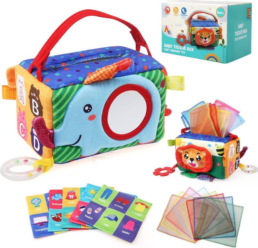 Borzmarket Montessori Speelgoed voor baby's vanaf 1 jaar sensorisch doekjesbox babyspeelgoed met spiegel bijtring rammelaar bevat gekleurde doek sensorische doek babyspeelgoed vanaf 6 7 8 9