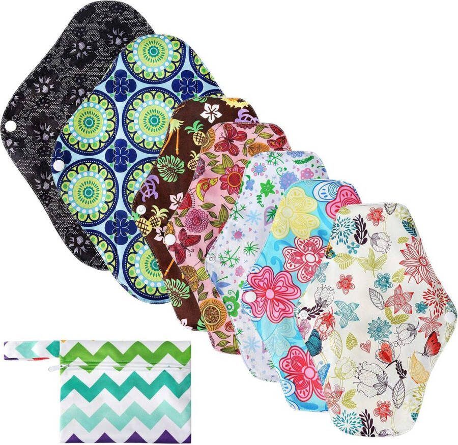 Borzmarket NEWSTYLE 7 STUKS Herbruikbare Maandverband Pads Maandverband Wasbare Inlegkruisjes met Natte Zak Dames Dag en Nacht Maandverband Wasbaar Maandverband (2 stuks × 30 cm + 5 stuks × 26 cm)