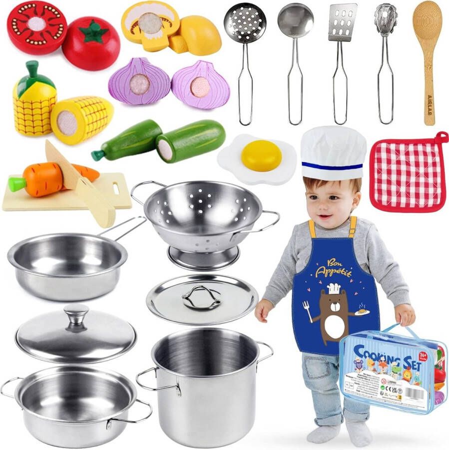 Borzmarket Speelgoed Keuken Accessoires Houten Voedsel Speelgoed Roestvrij Staal Potten en Pannen Speelset Kook Set met Kinder Kook Hoed Schort Doen alsof je Voedsel Speelt voor Jongens Meisjes