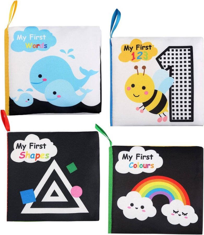 Borzmarket Zwart wit boek baby 4 stuks stofboek contrastboek babyboek babyboeken vanaf 0 maanden knisterboek fotoboek stoffen doekboeken badboek speelgoed ontdekkingsboek met ritselpapier
