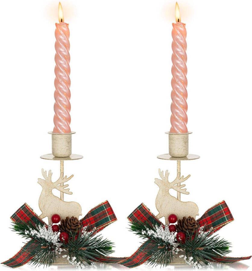 BORZMARKT Kandelaar Kaarshouders Voor Kerst Decor Vintage Kandelaar Houder Met Xmas Pinecone Strik Decoratieve Rendier Kaarsenstandaards Centerpieces Voor Kerst Tafelmantel Schouw