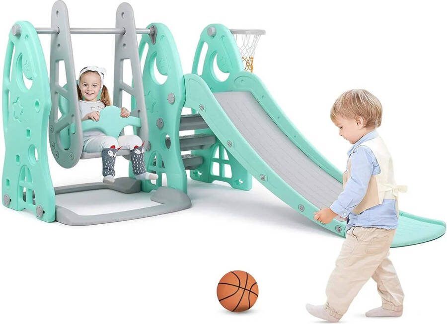 B.O.S. Kids Schommel Glijbaan Set Basketbal Hoepel Muziekspeler Kids Fun Slide Set Voor Binnen En Buiten Speeltuin Spelen Set Turquoise