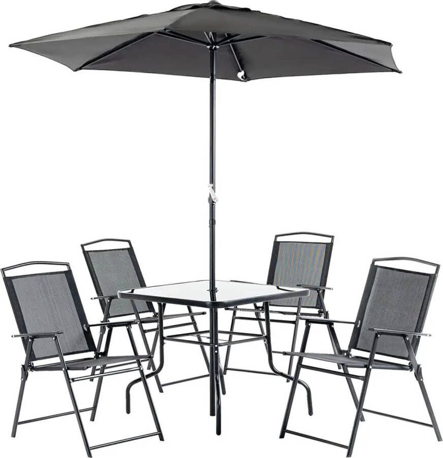 B.O.S. Tuinset Met Parasol 4 Comfortabele Klapstoelen Glazen Eettafel Parasol Zwart