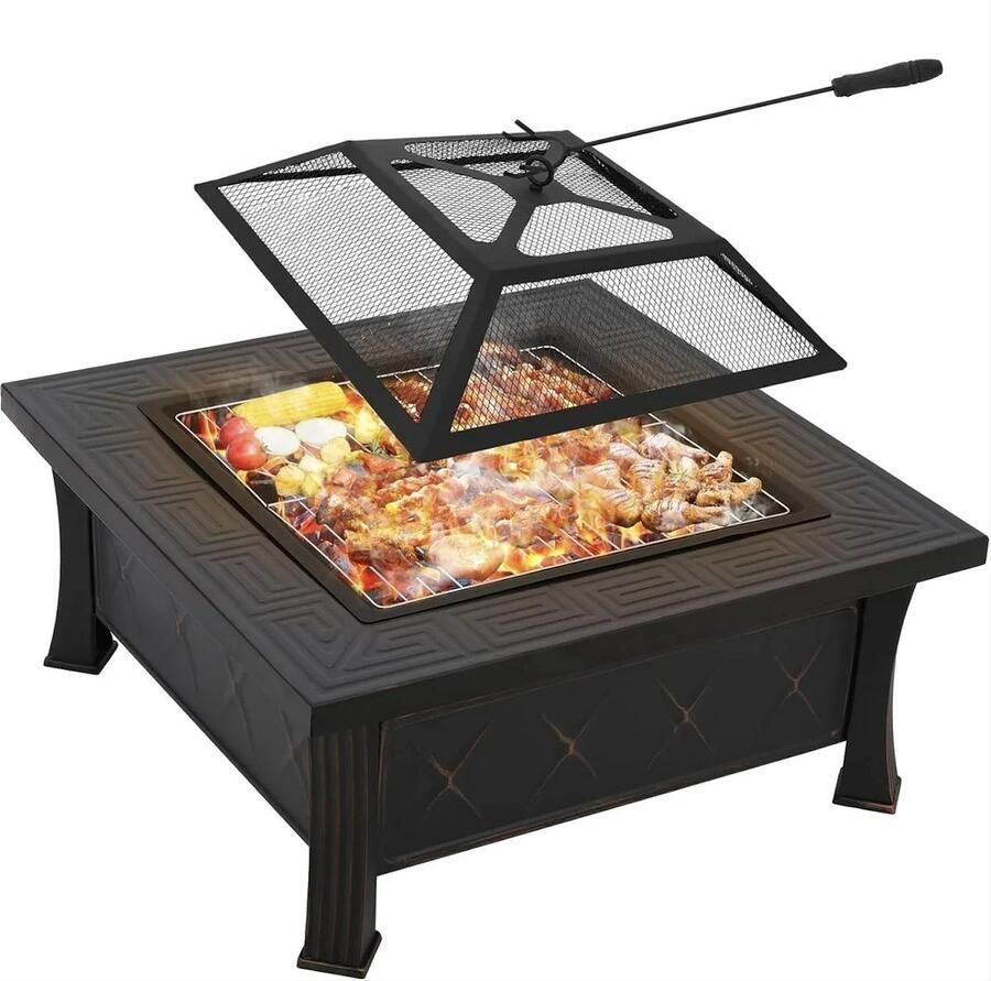 B.O.S. Vierkante Vuurschaal Vuurkorf BBQ Met Grill Rooster Met Vonkbeschermer 81 CM