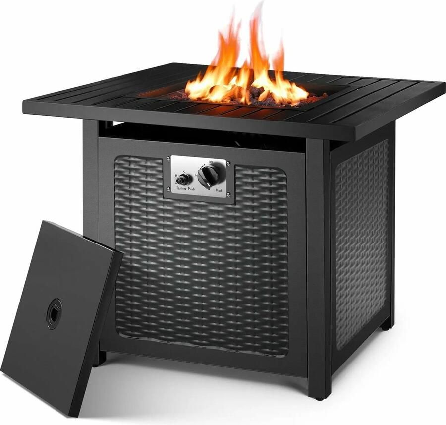 B.O.S. Vuurtafel Vuur Tafel Vuurkorf Terrashaard Op Gas Zwart Lavasteen Met Waterdichte Bescherm Hoes 76x76x60CM