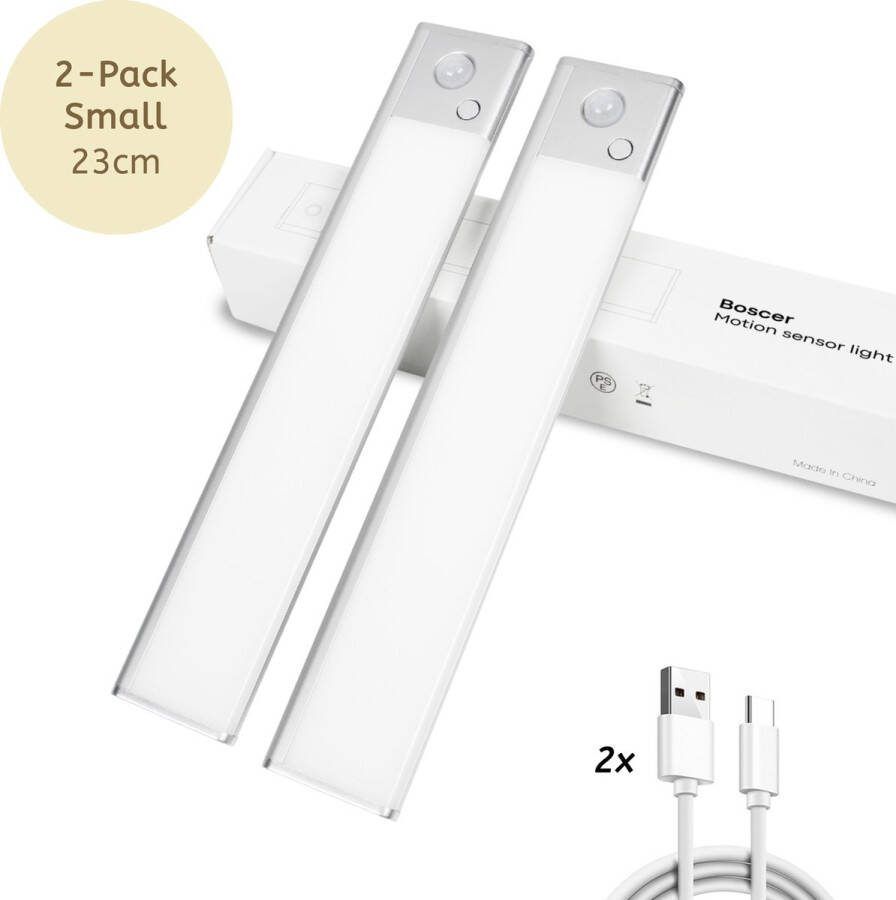 Boscer Led Lamp 2-Pack Bewegingssensor Lichtsensor Magnetisch Ophangbaar 23 CM USB-C Oplaadbaar Trapverlichting Keukenlamp Nachtlamp LED Strip