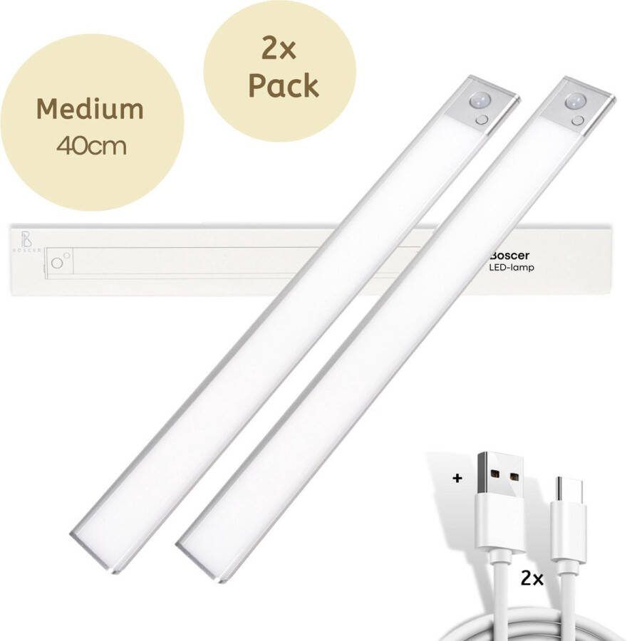 Boscer Led Lamp 40 CM 2-Pack Bewegingssensor Lichtsensor Magnetisch USB-C Oplaadbaar Trapverlichting Keukenlamp Nachtlamp LED Strip